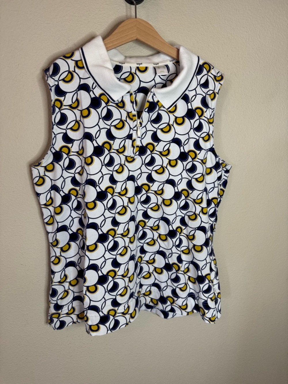 Lizgolf Sleeveless Golf Top Polo Zip Blue Yellow Print Large